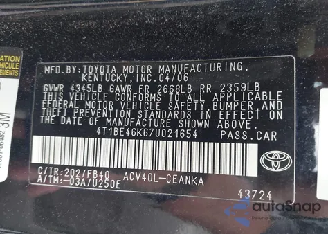 2007 Toyota Camry Le из США, поврежденный, VIN 4T1BE46K67U021654